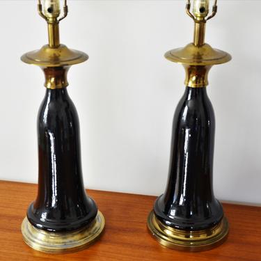 Vintage Mid-Century Brass and Black Ceramic Tassel Form Table Lamps by Stiffel - Pair 