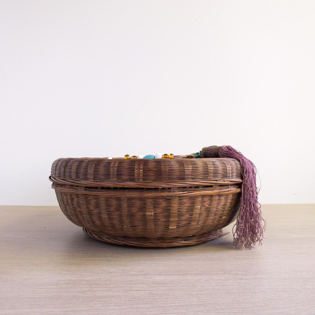 Vintage Lidded Wicker Chinese Sewing Basket Asian Chinese Basket with