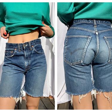 Levi's Denim Shorts / Dark Wash Vintage Jean Shorts / 1960's Festival Shorts / Cut Off Shorts / Long Shorts 