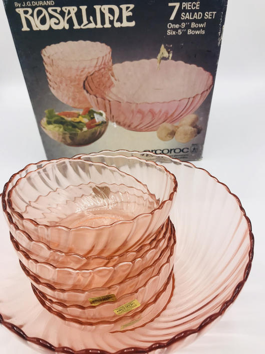 Arcoroc Rosaline Pink Swirled Glass 7-piece Salad Bowl Set-New in