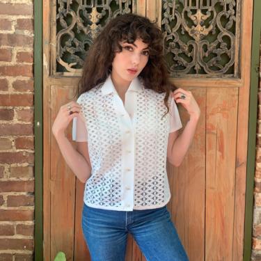60s/70s BUTTON UP TOP - white - see through front - large 