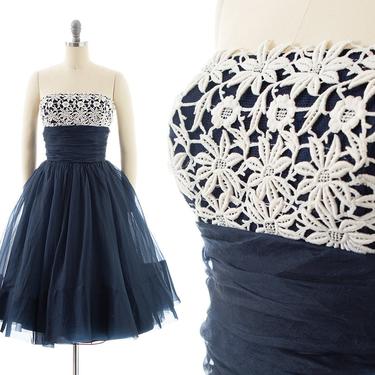 Vintage 1950s Party Dress | 50s EMMA DOMB Lace Organza Tulle Navy Blue Strapless Full Skirt Formal Evening Gown (small) 