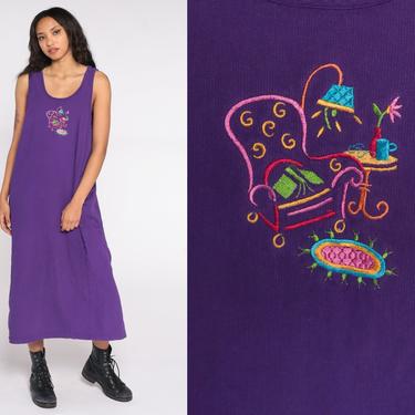 Purple Jumper Dress Embroidered Armchair Summer Dress 90s Maxi Boho Sundress Shift Side Slit Jumper Sun Vintage Sleeveless Medium Large 