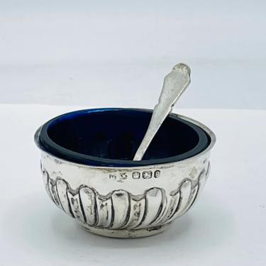 Vintage English Mappin & Webb Sterling Silver Salt Cellar cobalt Blue glass Insert- with Spoon- 1899 