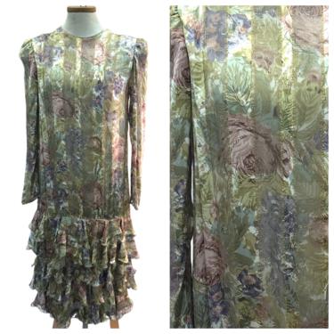 Vintage VTG 1980s 80s Judy Hornby Silk Patterned Ruffle Drop Waist Party Dress 