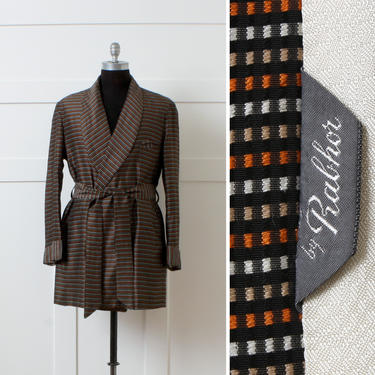mens vintage smoking jacket • 1950s belted Rabhor robe in black orange & white checked silk fabric 