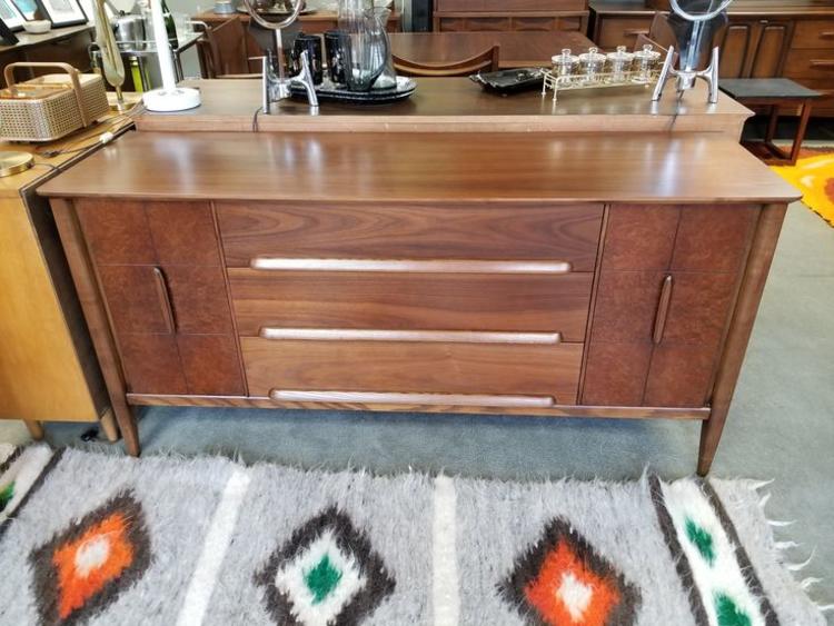 MidCentury Modern walnut credenza with burlwood accents Peg Leg Vintage Beltsville, MD