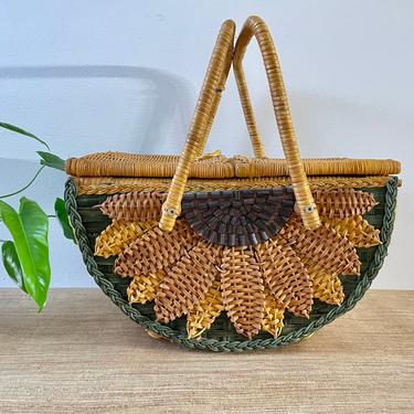 Vintage Wicker Basket With Handles and Lid - Large Green Sunflower Basket - Wicker Picnic Basket with Lid - Hand Made Basket-Green Sunflower 