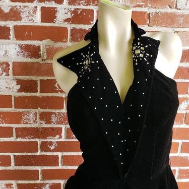 Vintage 40s/50s Black Velvet Halter Dress Old Hollywood Glam !! Beads and Peplum S/M 