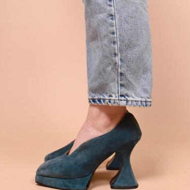 Blue Funky Suede Platforms with Square Toe and Heel By John Fluevog, 7