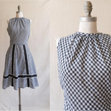 Vintage 60s Gingham Sleeveless Dress/ 1960s Black White Ric Rac Summer Dress/ Size Small 26 