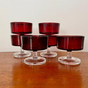 Set of 6-  Vintage Luminarc Arcoroc France Ruby Red Dessert, Sherbet, Sorbet, Coupe Glasses, MCM Retro Bar 