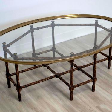 Baker Chippendale Asian Style Bamboo Glass & Brass Coffee Table 