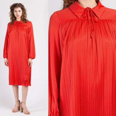 70s Red Pleated Midi Dress - Large | Vintage Long Sleeve Collared Shift 