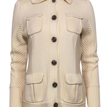 Diane von Furstenberg - Ivory Button-Up Wool Cardigan w/ Ribbed Trim Sz M