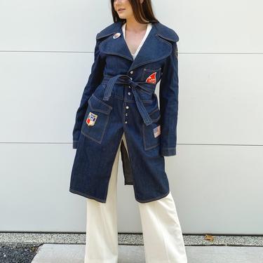70's Denim Patched & Belted Coat
