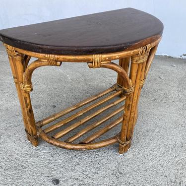 Restored Half Round Rattan Side Table with Mahogany Top 