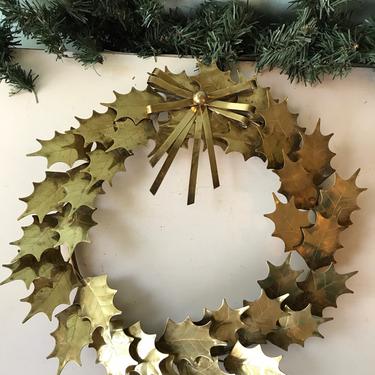 Large Mid Century Solid Brass Holly Leaf Wreath 