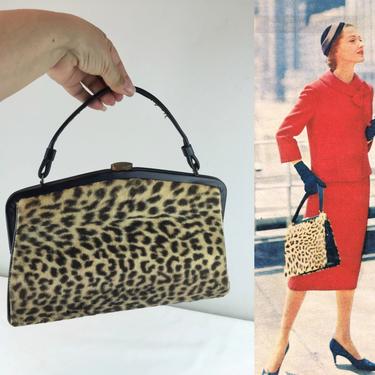 A Dash to the Mid Town Ferry - Vintage 1950s 1960s Faux Leopard Fur Large Purse Handbag 