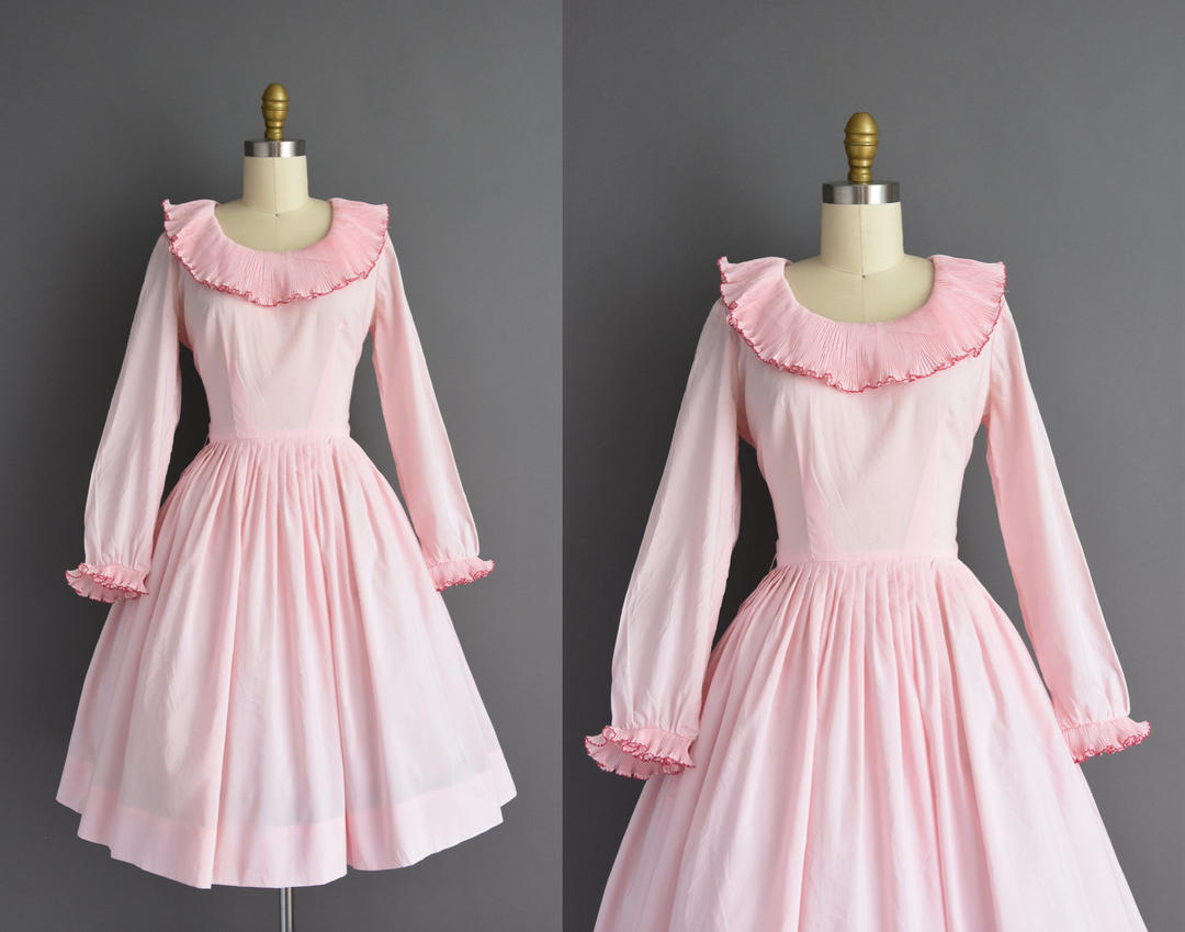 50s dress | Long sleeve pink ruffle full skirt dress | Small | 1950 ...