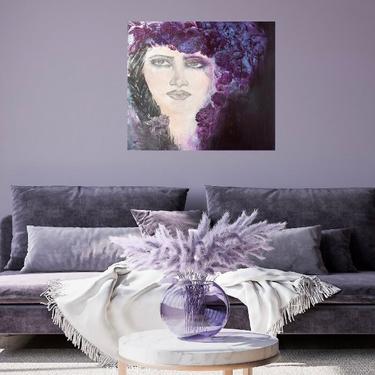 Woman Portrait Floral Canvas Print ~  Bohemian Portrait Art ~ Woman's Floral Portrait ~ Purple Floral Portrait Art ~ Braids In Her Hair Art 