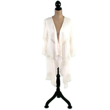 White Duster Cardigan, Open Kimono Jacket, Fringe & Lace Embellished, Hippie Clothes Boho Clothing, Bohemian Romantic Style 