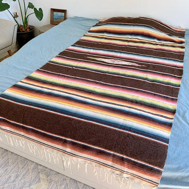 Cotton Serape Saltillo Mexican Blanket - Vintage Woven Cotton Muted Rainbow Striped Mexican Bedspread - 44&quot; x 83&quot; Multicolored Coverlet 