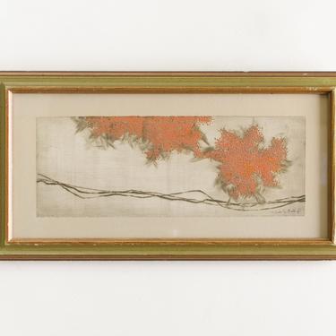 Vintage Orange Abstract Cherry Blossoms Japanese Simplistic Artwork Ink on Silk Print Serigraph 110/300 