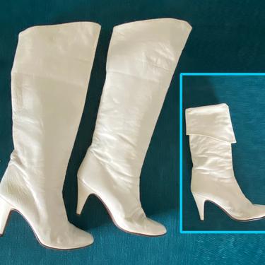 Vintage 80s White Leather Boots • High Heel Tall or Cuffed / Pirate Boots • Sexy New Wave • UE 37 • US 6.5 - 7 • Italian • Italy • Chantal 
