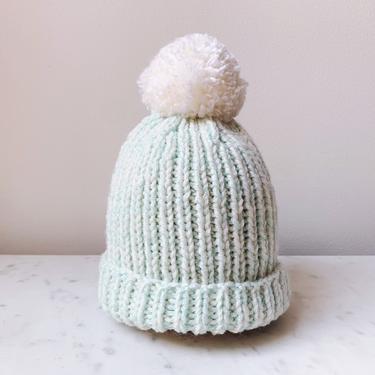 Little Minnows Hand Knit Baby Beanie Hat // Aqua Marl with White Pompom 