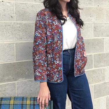 Vintage Jacket Retro 1970s Handmade + Quilted + Reversible + Double Sided + Ditzy Floral Print + Solid + Lightweight + Womens Apparel 