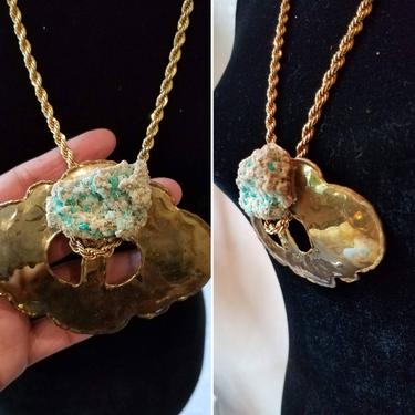 Brass stone necklace with teal chrisecola stone and sculptured art by Amanda Alarcon-Hunter for Minx and Onyx Vintage 