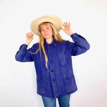 French Chore Coat // vintage 70s faded hippy jean jacket boho hippie blouse shirt dress 1970s oversize denim work painters // O/S 