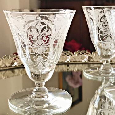 Vintage Etched Elegant Glass Morgantown Milan Cocktail Glasses  Floral Crystal Stemware 