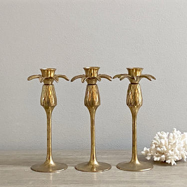 Brass Pineapple Candlesticks Set Three Gold Candle Holders Coastal Tropical Hampton Brass 