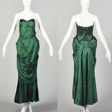 Small 1980s Dress Formal Mermaid Green Taffeta Strapless Evening Prom Gown 