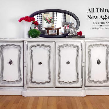 White Buffet | White Sideboard | White Credenza | Vintage Bassett Furniture Buffet | Media Console | Buffet Painted White with Black Top 