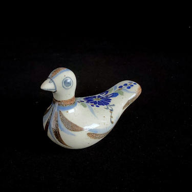 Vintage Modernist Mexican Tonala Art Pottery Hand Painted Bird with Floral Scene 4&quot; Long Artist Signed E.T. Mexico 