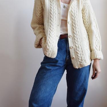 Classic 1970s Vintage Cable Knit Cardigan w Darns | L | Natural Wool Fishermans Sweater | Aran Knit 