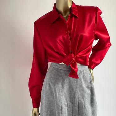 Sexy Red Satin Blouse fits S - L 1980's 