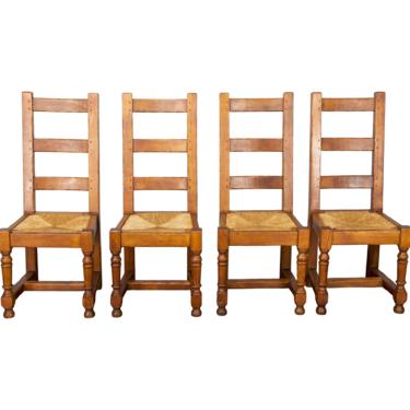 19th Century Set of 4 Country French Farmhouse Ladder Back Oak Dining Chairs 