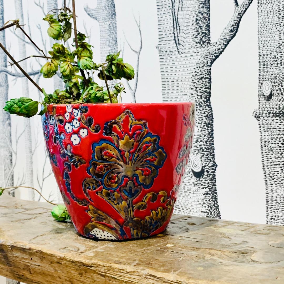 Red Flower Pot Red Planter Red Chinoiserie Pot Indoor Pot