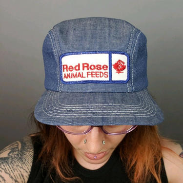 50s 60s Vintage K Brand Denim Feed Cap Size 7, Vintage Farm Workwear Hat Red Rose Animal Feeds Patch 