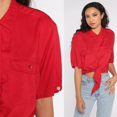 Red Tie Front Blouse Cropped 80s 90s Button Up Shirt Crop Top 1980s 1990s Vintage Retro Military Inspired Short Sleeve Pocket Front Medium M 