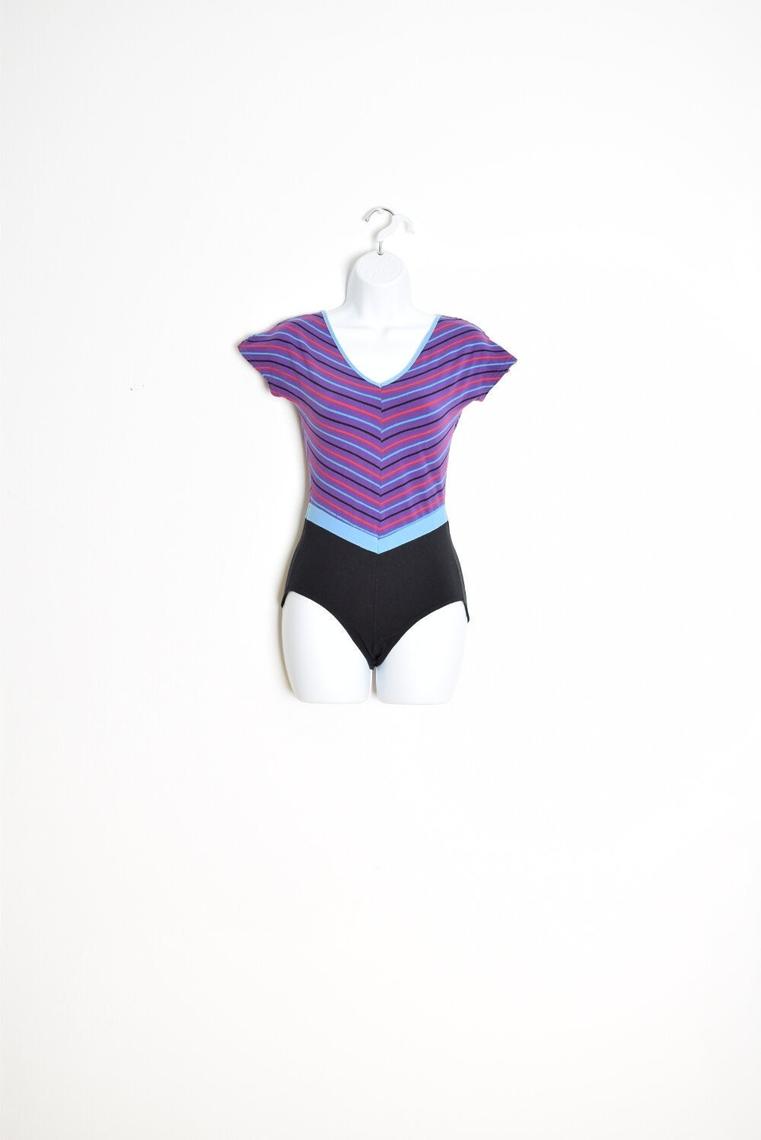 Vtg 80s Purple SHINY SPANDEX Thong Leotard Bodysuit M