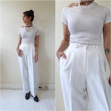 Vintage 80s White Linen Trousers/ 1980s High Waisted | Bottle of