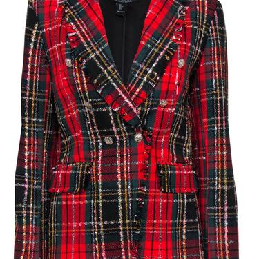 Rachel Zoe - Red, Black &amp; Green Plaid Double Breasted Blazer w/ Frayed Trim Sz S