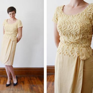 1960s Golden Yellow Lace Cocktail Dress - S 