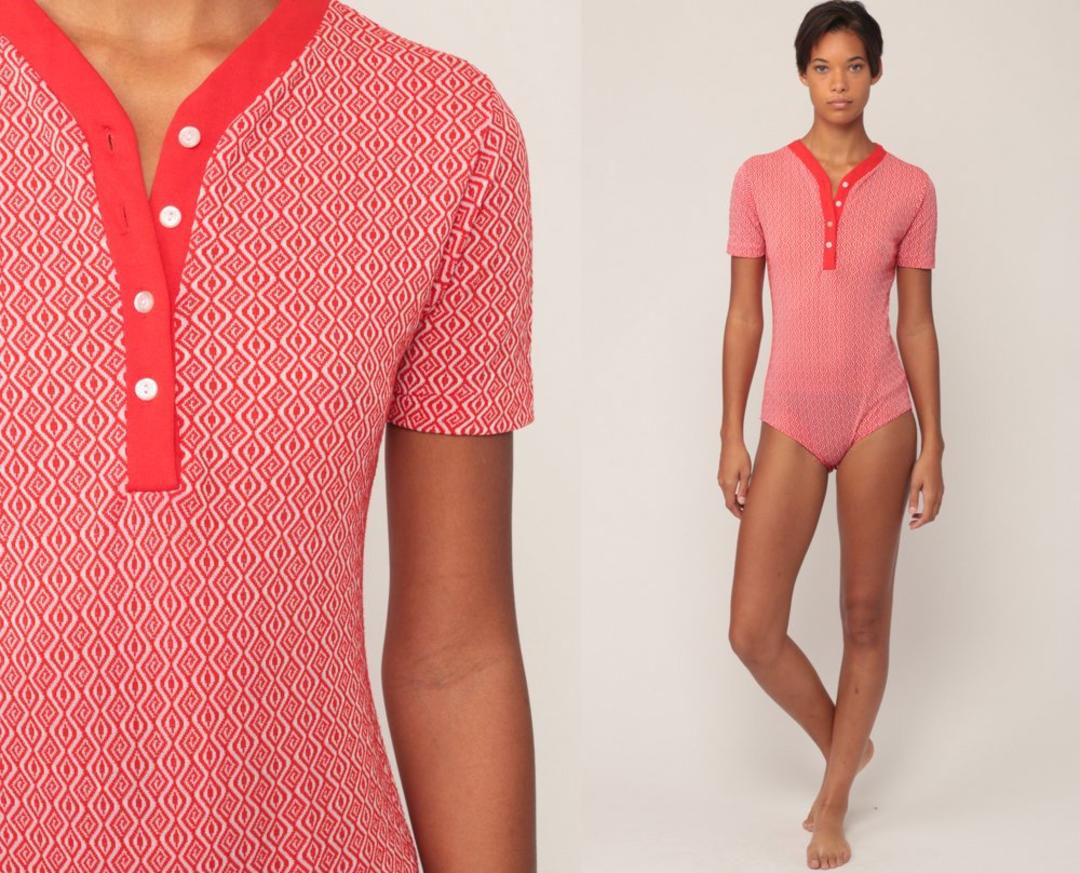 70s Bodysuit Top GEOMETRIC Shirt Leotard Shirt Red Blouse 1970s Shop