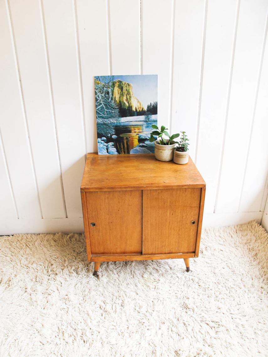 Hand Made MidCentury Modern Side Table / With Sliding Doors
